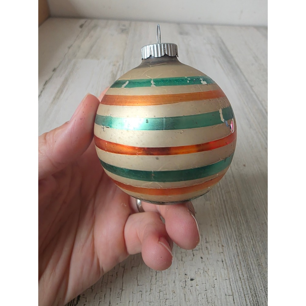 Vintage shiny Brite green matte striped glass ornament as is Xmas tree